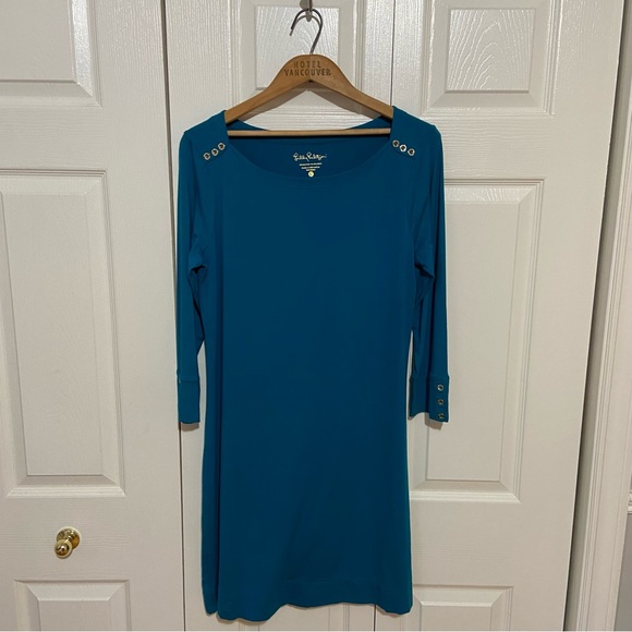 Lilly Pulitzer Sophie Tidal Wave Teal and Gold Midi Dress Size Large - Picture 2 of 9